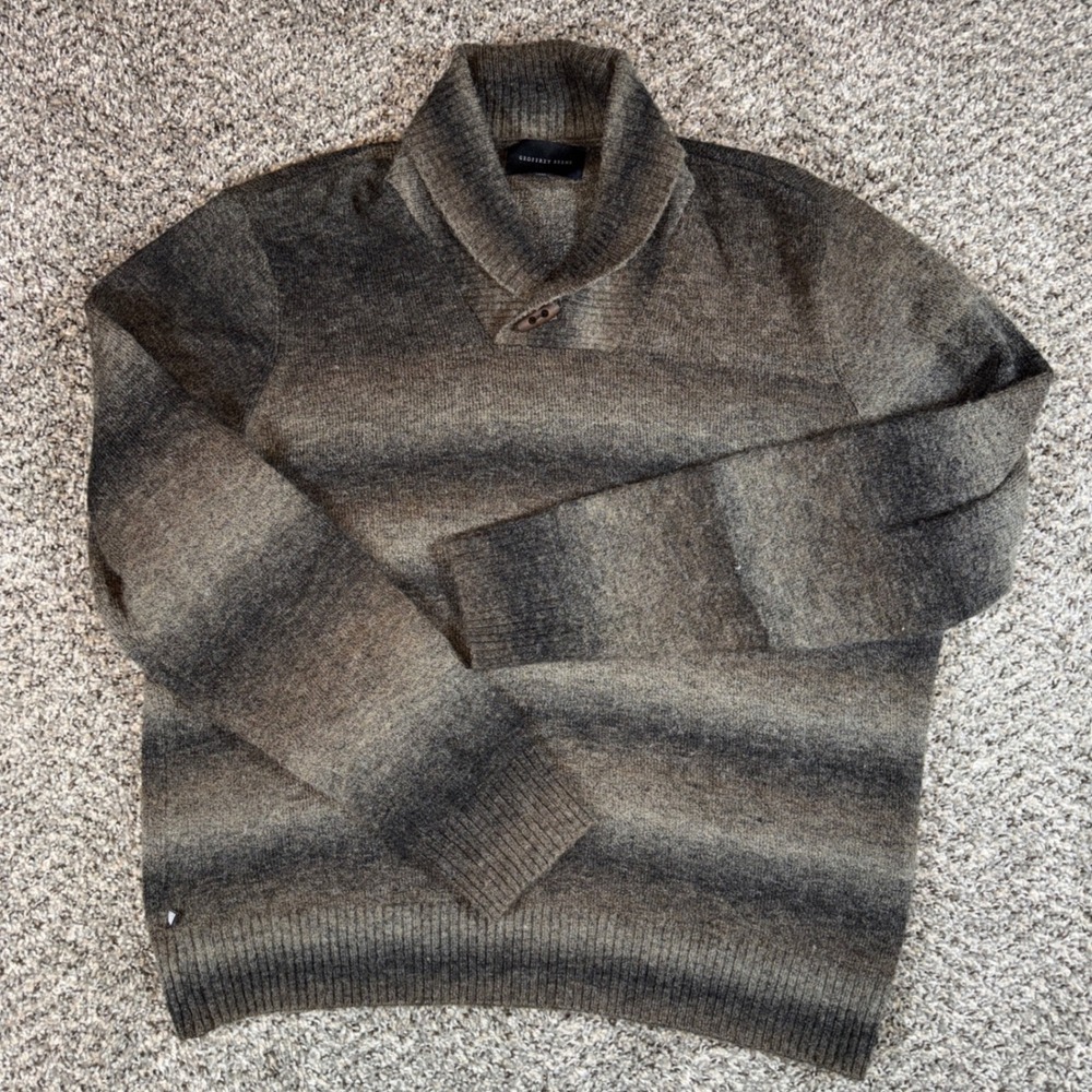 Geoffrey Beene Large Vintage 90s Wool Blend Ombre Shawl Collar Sweater Taupe
